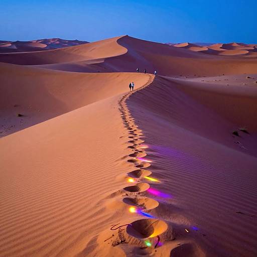 Photograph of a desert with golden sand dunes, footprints leading to two small figures, colorful reflections on the sand, under a vivid blue sky