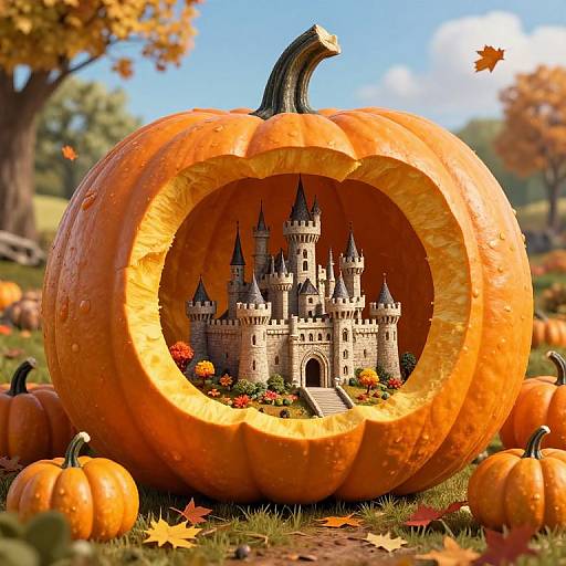 Photograph of a large, carved orange pumpkin with a detailed, miniature castle inside, surrounded by smaller pumpkins, autumn leaves, and a sunny,