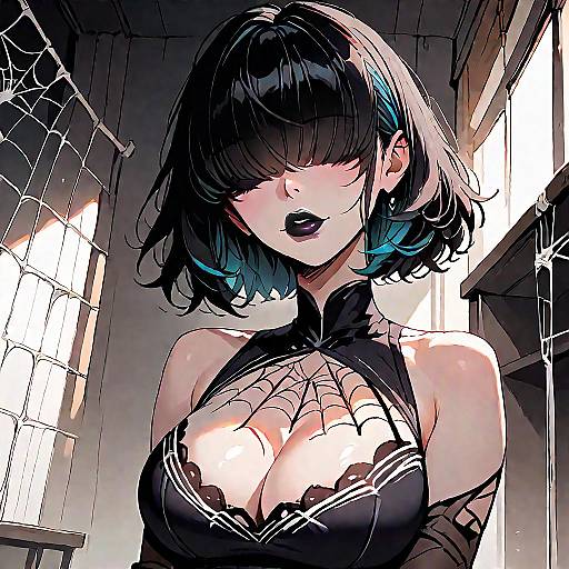 Anime Woman with Multicolored Hair and Spider Web Dress