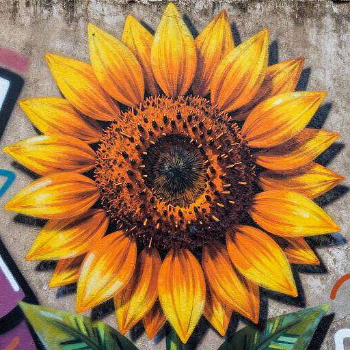 Vibrant digital painting of a large sunflower with bright orange petals and a dark brown center, set against a textured, abstract background.
