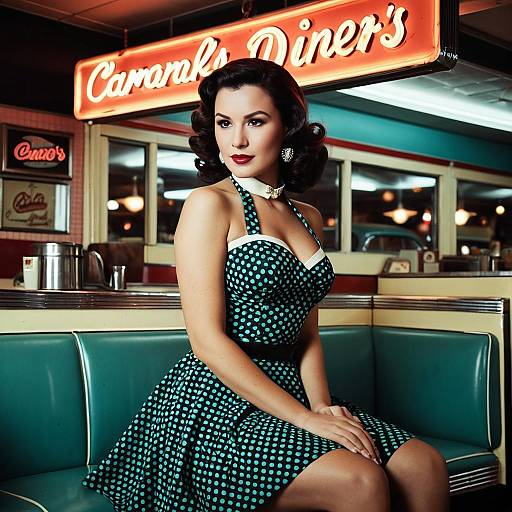 Retro Woman in Polka Dot Dress at Vintage Diner