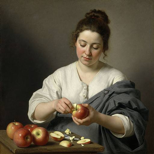 Baroque-style painting of a fair-skinned woman with curly brown hair, dressed in white and blue, slicing apples on a wooden table.