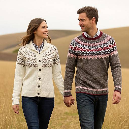 Photograph of a smiling couple holding hands, wearing matching patterned knit sweaters, walking through a golden field with hills in the background.