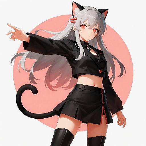 Silver-Ombre Catgirl in Neon Coral