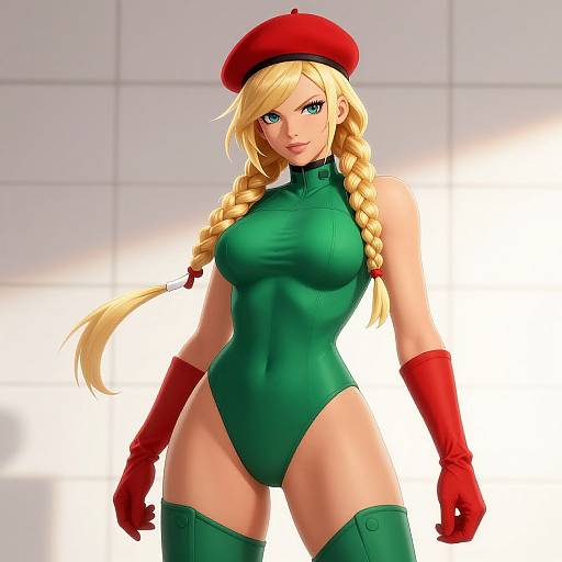 Digital art of blonde woman with braided hair, green bodysuit, red beret, gloves, and thigh-high boots, standing confidently.