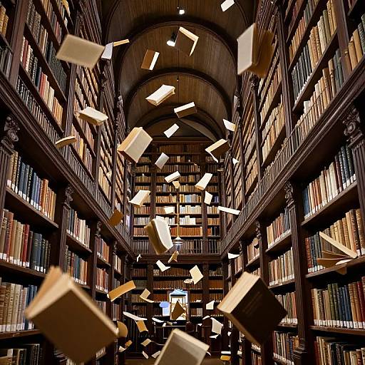 Photograph of a grand, wooden library with tall shelves filled with books, illuminated by natural light. Papers and books float mid-air, creating a dynamic