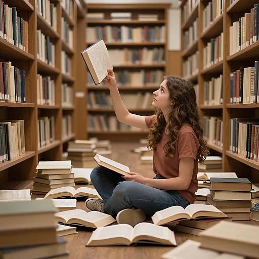 Photograph of a young woman with long curly brown hair, wearing a red t-shirt and jeans, sitting between bookshelves in a library, reading
