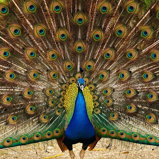 Photograph of a vibrant male peacock with a striking blue body, green neck, and expansive fan of iridescent eyespots in brown,