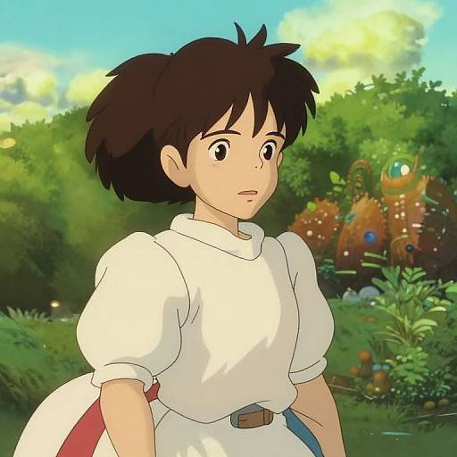 Anime-style digital illustration of a young boy with short black hair, white puffed-sleeve shirt, and blue-red backpack, standing in a lush