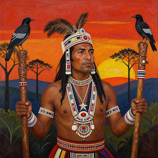 Photograph-style painting of a muscular Native American man with dark skin, feathered headdress, adorned in intricate jewelry, holding staffs with black birds