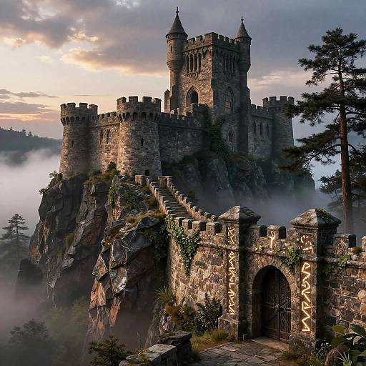 Photorealistic digital painting of a majestic, medieval stone castle with tall towers, intricate carvings, and arched gate, perched on a