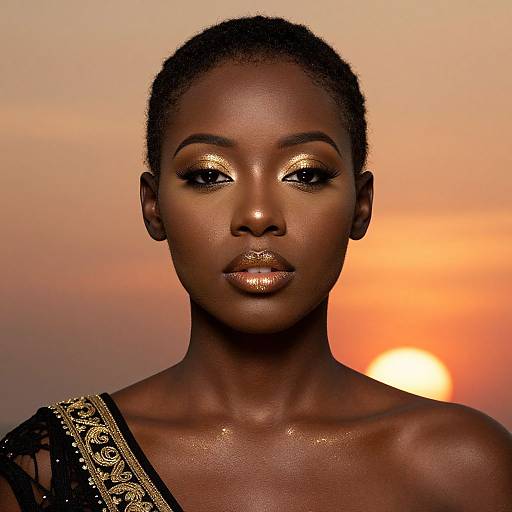 Photograph of a dark-skinned woman with glowing gold eyeshadow, shimmering gold lipstick, and a black embroidered garment, against a vibrant orange