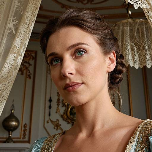 Photograph of a fair-skinned woman with blue eyes, dark brown braided hair, and subtle makeup, wearing a gold-trimmed blue dress