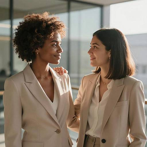 Photograph of two women with light beige blazers, one with curly afro and dark skin, the other with straight brown hair and fair skin,