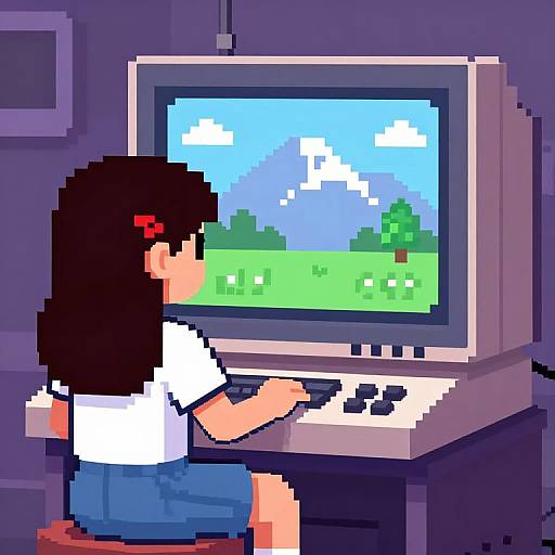 Pixel art of a girl with brown hair, red hairclip, white shirt, blue skirt, playing a pixelated game on an old CRT TV.