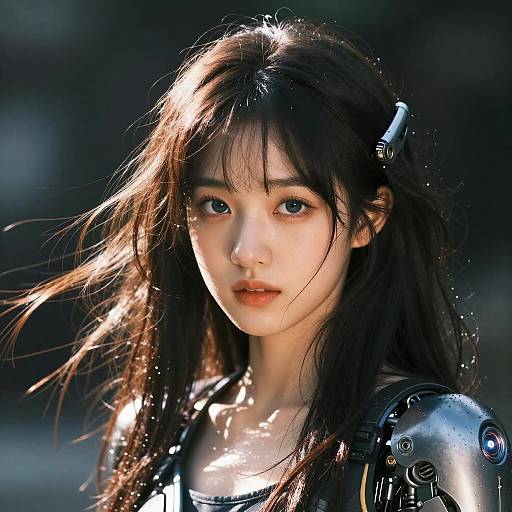 Digital artwork of an Asian woman with long black hair, wearing futuristic, metallic armor, illuminated by sunlight, with a focused, intense expression.