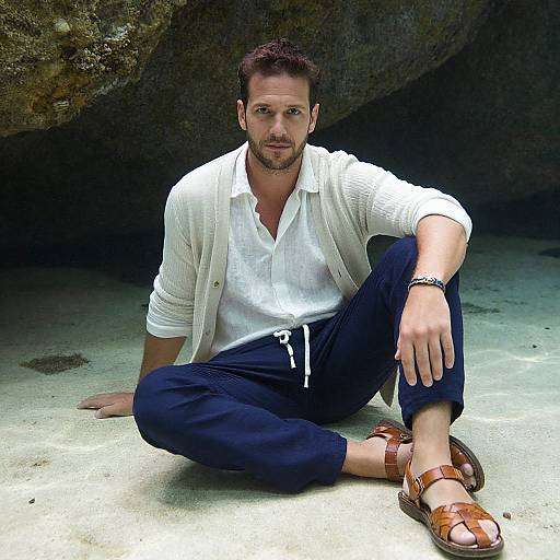 Photograph of a handsome, light-skinned man with short brown hair, wearing a white cardigan, white shirt, dark pants, brown sandals,