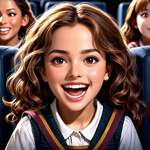 Digital artwork of a smiling young woman with wavy brown hair, large brown eyes, and a white shirt with a dark vest, seated in a row