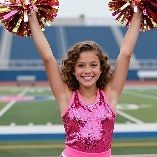 Photograph of a smiling young woman with curly brown hair, wearing a pink sequined cheerleading top and holding red and gold pom-poms, standing