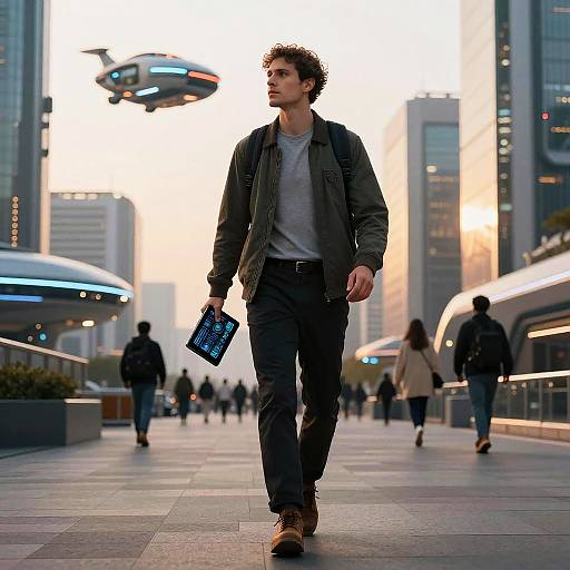 Confident Gestor in Futuristic Cityscape