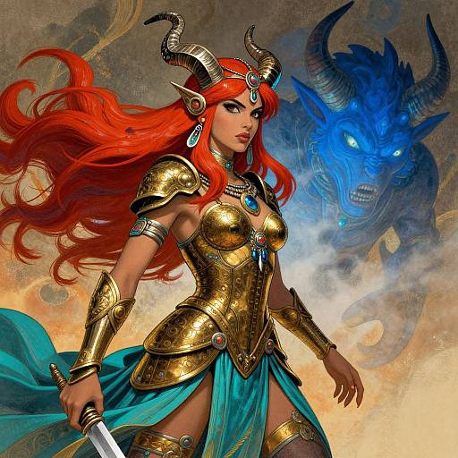 Digital art of a red-haired, horned, elf warrior with golden armor, turquoise skirt, and blue-eyed dragon shadow behind her.