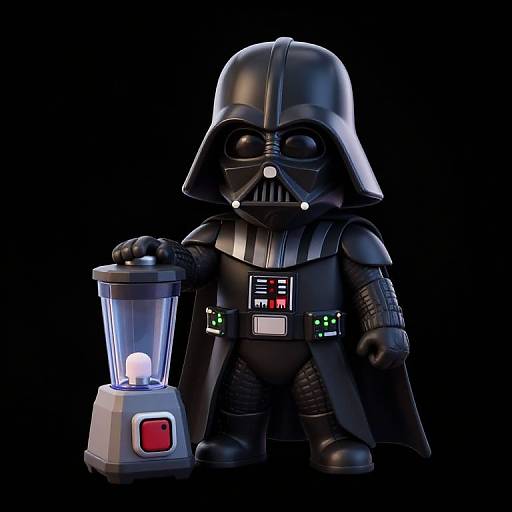 CGI chibi-style Darth Vader holding a glowing lantern with a red button, black armor, and illuminated belt against a black background.