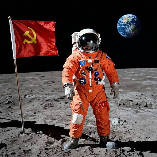 Photograph of an astronaut in an orange spacesuit on the moon, with a red Soviet flag and Earth in the background.