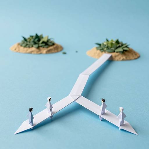 Paper-crafted airplane with three small paper figures walking on it, connecting two paper islands on a blue background.