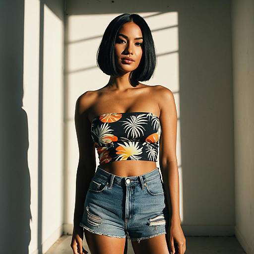 Woman in Tropical Tube Top and Denim Shorts