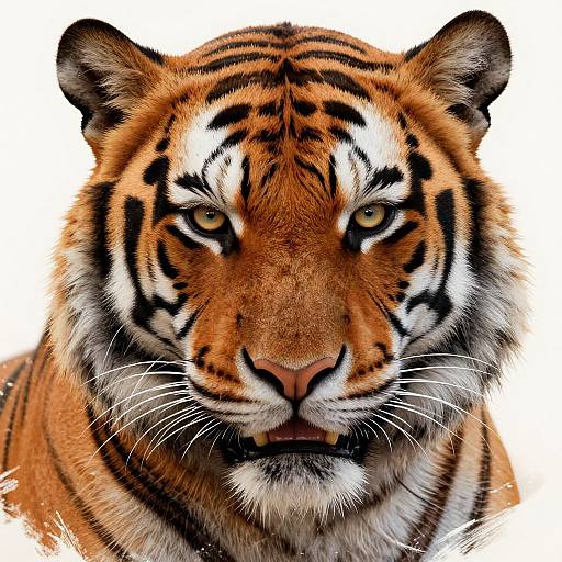 Close-up photograph of a fierce Bengal tiger with intense yellow eyes, orange and black striped fur, white whiskers, and a white muzzle against a white