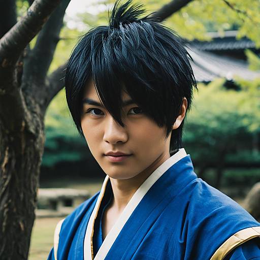 Young Man in Blue Japanese Cosplay Outfit