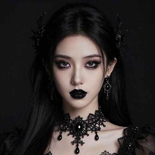 Digital portrait of an Asian woman with pale skin, black lipstick, dark eyeliner, long black hair, and elaborate black lace choker and earrings,