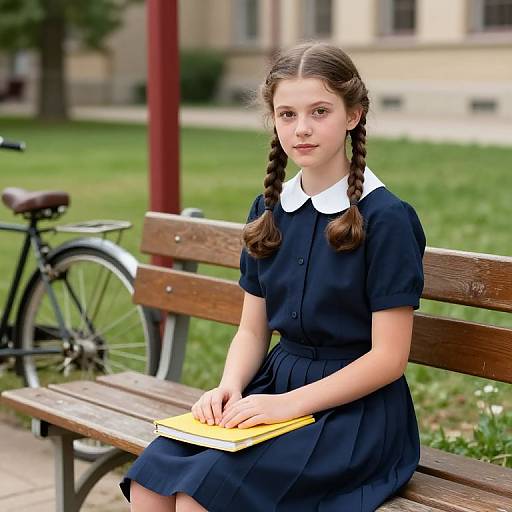 Photograph of a young girl with braided brown hair, wearing a navy blue dress with a white collar, sitting on a wooden bench holding a yellow