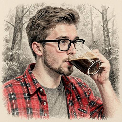Photograph of a bearded man with brown hair and black glasses, wearing a red plaid shirt, drinking from a glass mug in a forest background