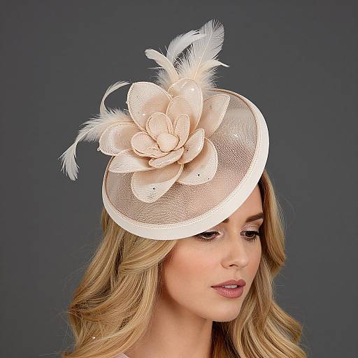 Photograph of a blonde woman with wavy hair, wearing a white, feather-adorned, floral-patterned fascinator hat against a dark gray