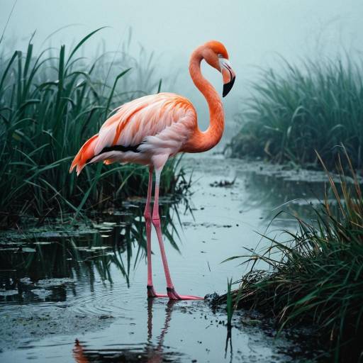 Poised Flamingo in Misty Wetland