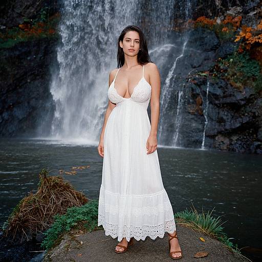 Photograph of a fair-skinned woman with dark hair, wearing a white lace dress and sandals, standing in front of a cascading waterfall.