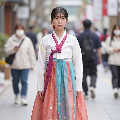 Photograph of a Korean woman in traditional hanbok with white top, multicolored skirt, pink bow, standing on a busy urban street.