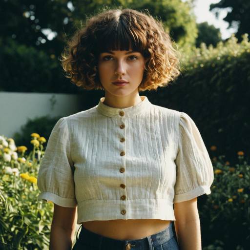Woman with Curly Bowl Cut Hairstyle in Garden