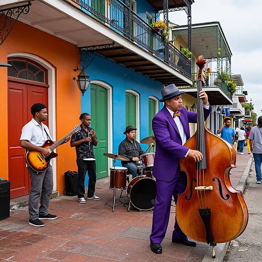 Photograph of a vibrant street performance in a colorful Caribbean town. Four male musicians in suits and hats play guitar, bass, and drums in front of