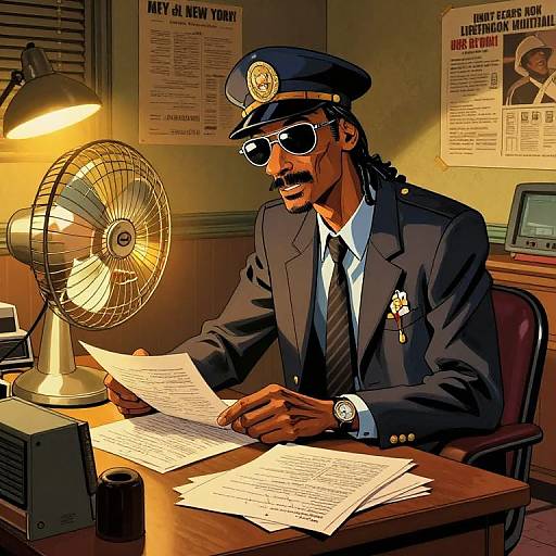 Illustration of a dark-skinned male police officer with sunglasses, mustache, and peaked cap, reading papers at a desk with a fan, office