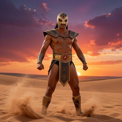 Muscular Black man in Egyptian-style armor and mask stands powerfully in desert at sunset, sand kicking up around him.