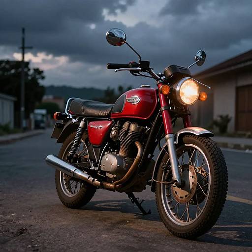 Photograph of a red vintage motorcycle with a glowing front headlight, parked on a dimly-lit, cloudy street, with a building in the