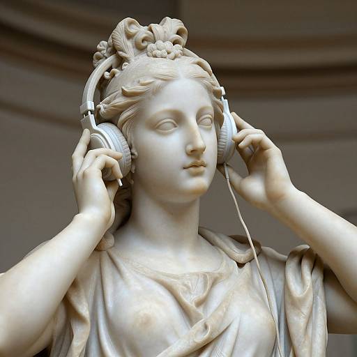 Photograph of a white marble statue of a serene woman with classical features, wearing a traditional headdress and listening to large, modern headphones.