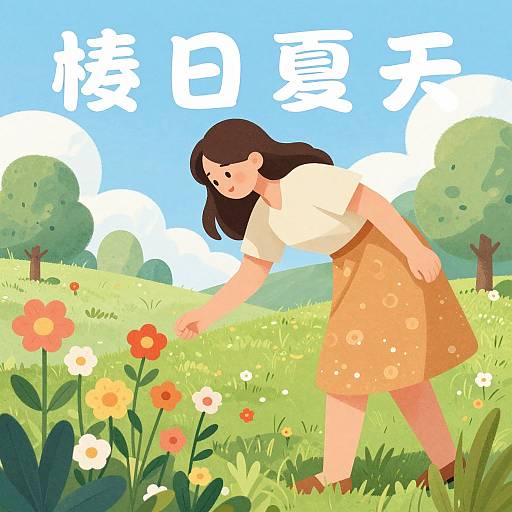 Digital illustration of a smiling girl with brown hair, wearing a white top and orange floral skirt, picking flowers in a sunny, green meadow with trees