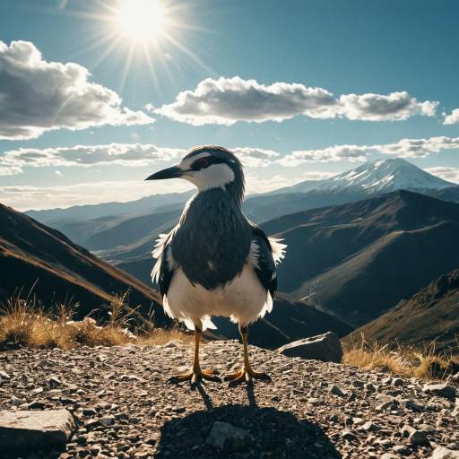 Bird Standing on Mountain Trail with Snowy Peak