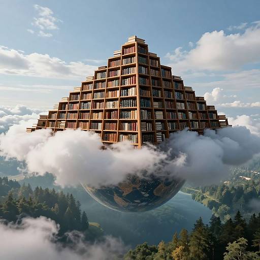 Floating Colossal Library Between Earth and Sky