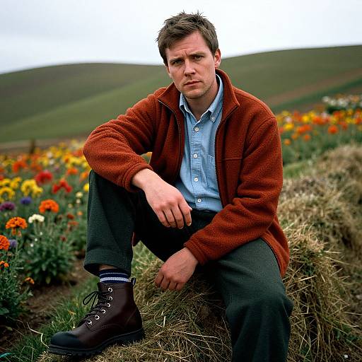 Photograph of a serious, brown-haired man in a rust-colored sweater, blue shirt, and dark pants, sitting on grassy field with colorful flowers