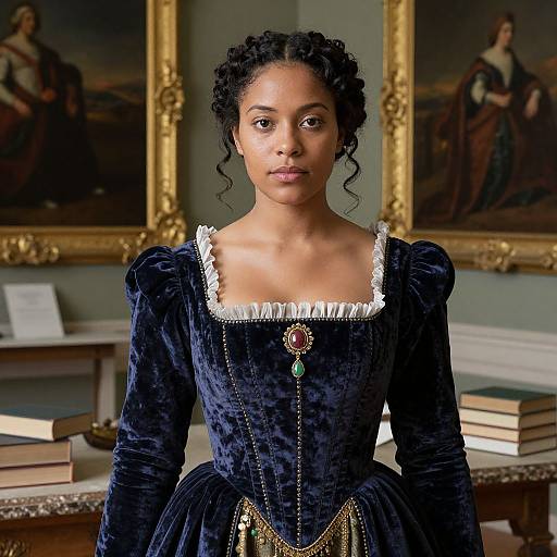 Photograph of a young Black woman with curly hair, wearing a Victorian-style navy velvet dress with white lace trim, standing in a dimly lit room