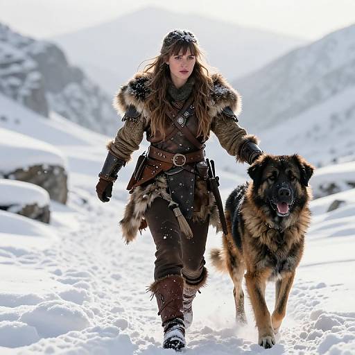 Photograph of a young woman in fur-lined, medieval winter attire, walking a large, panting dog in a snowy mountain landscape.